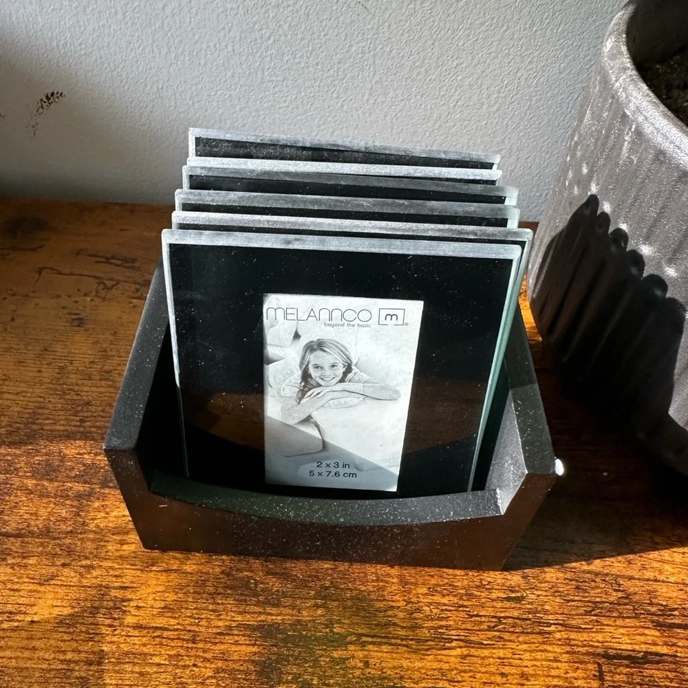 Melannco‎ 6 Piece Glass Photo Coaster Set - Black Wood Holder - Holds 2x3 Photos